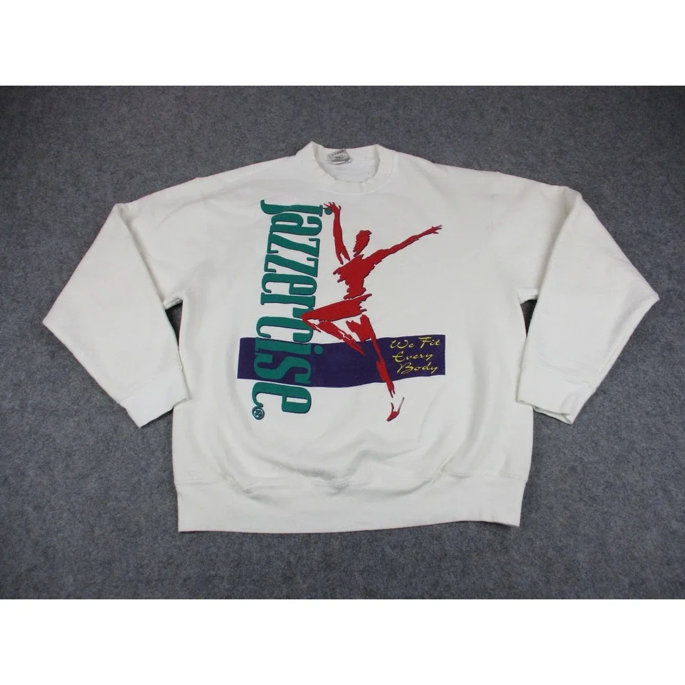 VINTAGE Jazzercise Sweatshirt Mens XL White Red Fruit Of The Loom Sweater 90s